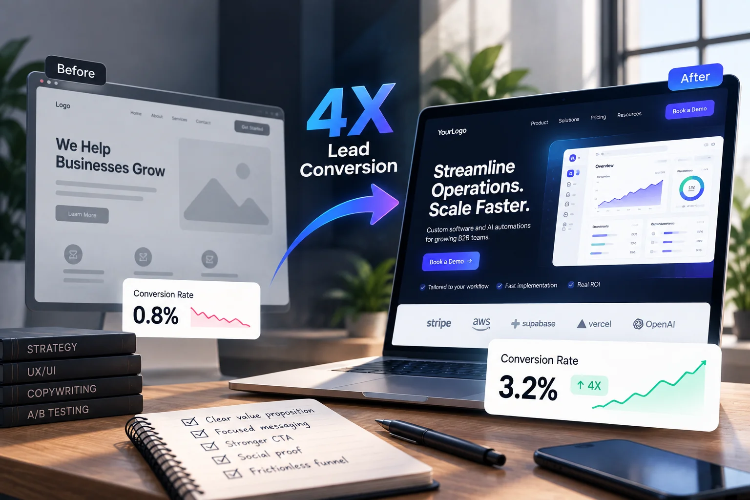 Before and after redesign of a B2B landing page, showing a 4X increase in lead conversion rate