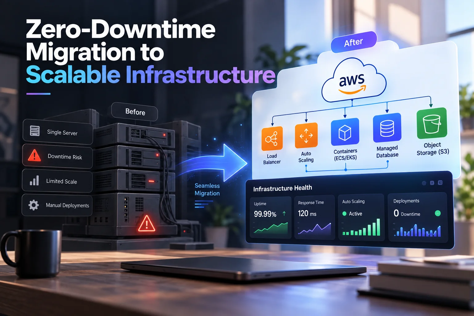 Migration from a single server to scalable AWS infrastructure with load balancing, auto scaling and a managed database