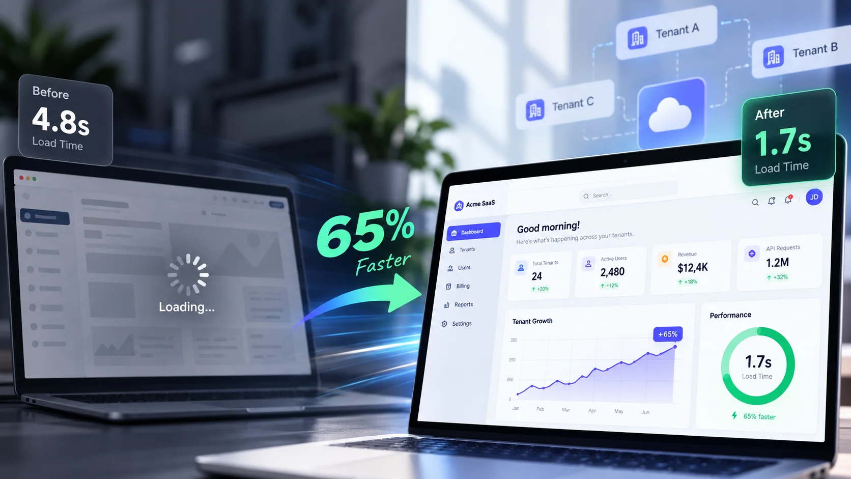 Before and after view of a multi-tenant SaaS dashboard, showing page load time cut by 65%